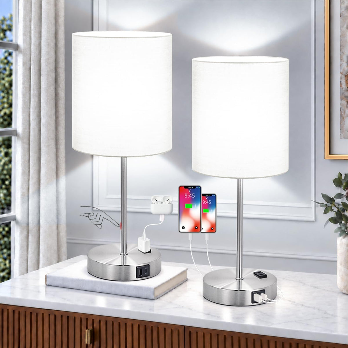 Lynnoland Set of 2 Touch White Table Lamps with 2 USB Ports & AC Outlet, 3-Way Dimmable Bedside Nightstand Lamps for Bedroom Living Room Nursery, 800 Lumens 5000K Daylight Bulbs Included