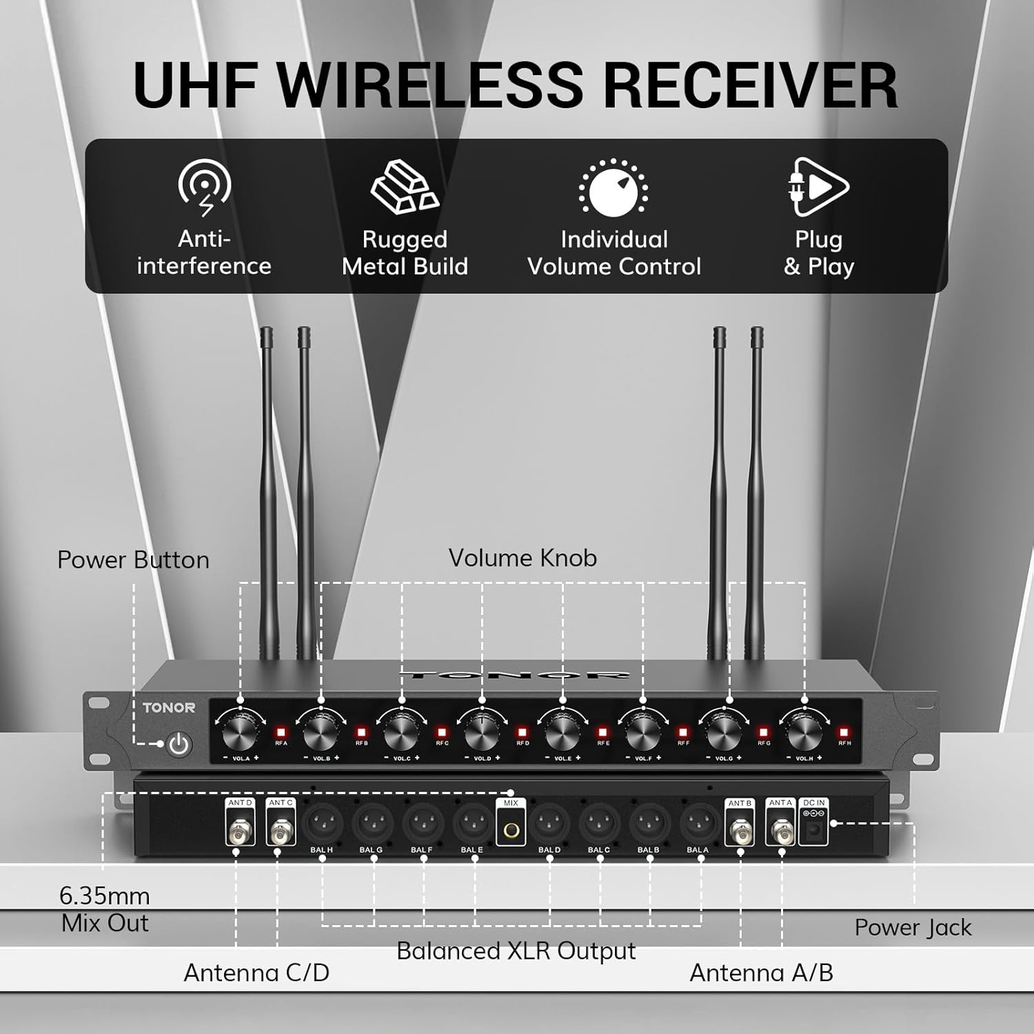 TONOR Wireless Microphones System with 8x12 Channels Cordless Handheld Microfono Inalambrico, 90 m/295FT UHF Range, Mics with Stable Signal, Quick Mute for Karaoke Singing Party Church Wedding
