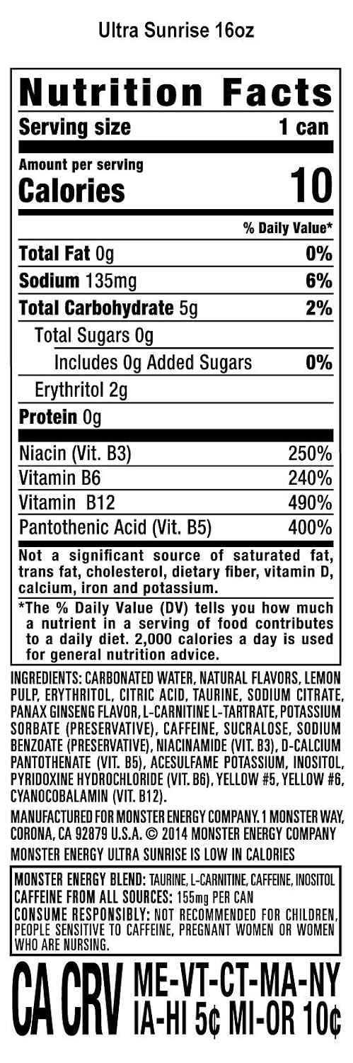 Monster Energy Ultra Sunrise, Sugar Free Energy Drink, 16 Fl Oz