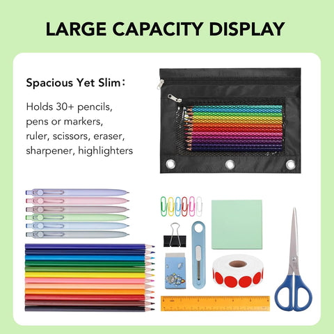 Pencil Pouch for 3 Ring Binder, Heavy Duty Canvas Dual Zipper Pen Bag with Clear Window, Smooth Metal Zipper, Fit Standard 3-Ring Binders for School Office Travel Supplies (Black)