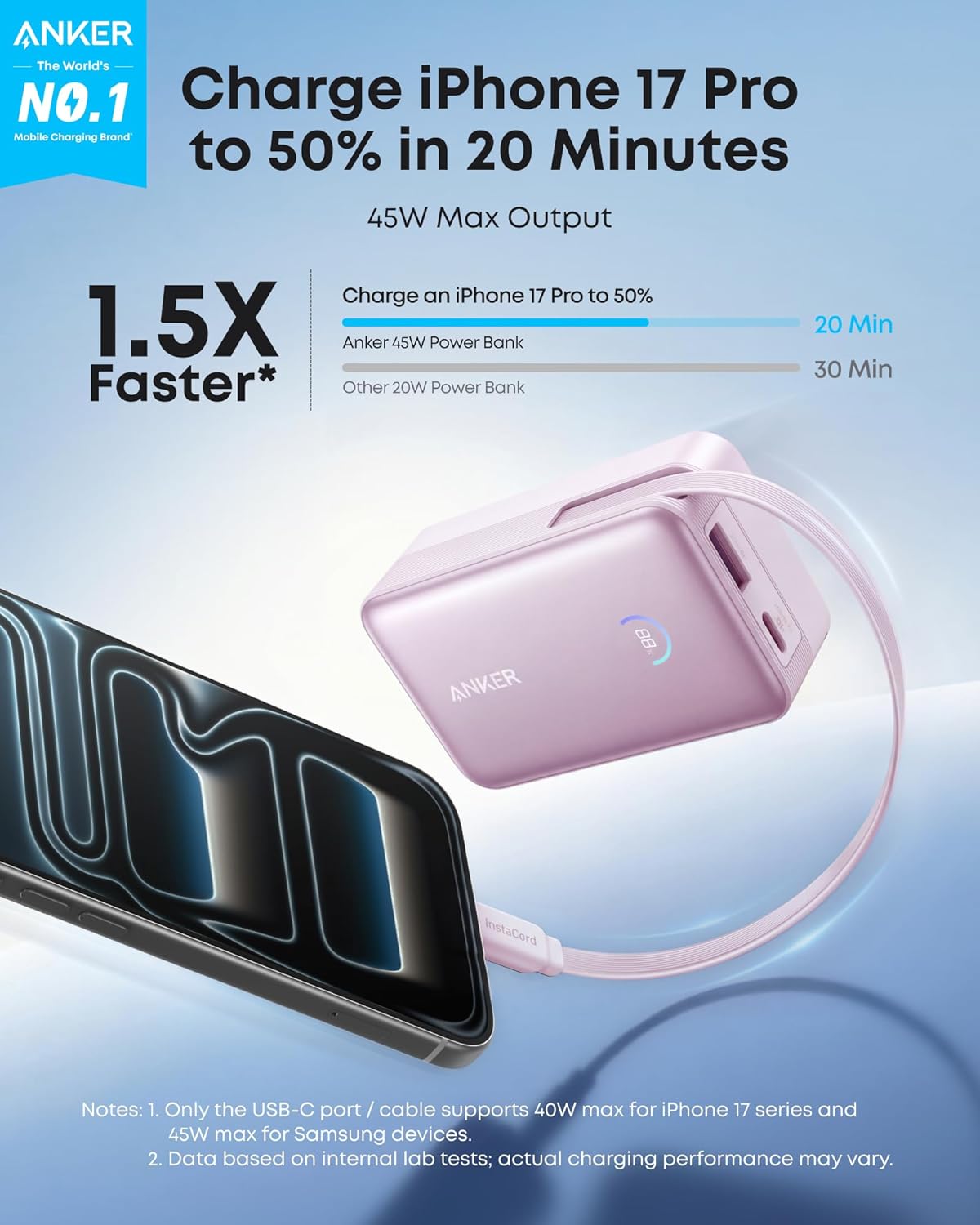 Anker Nano Power Bank, 45W 10,000mAh Portable Charger, iPhone Battery Pack (Pink)