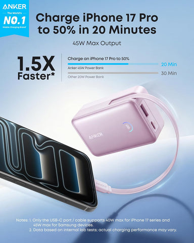 Anker Nano Power Bank, 45W 10,000mAh Portable Charger, iPhone Battery Pack (Pink)