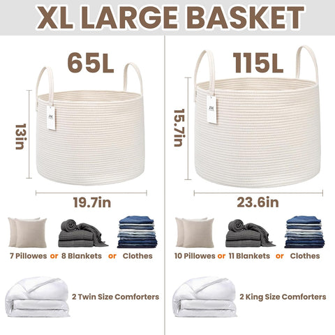 JMvicyroam 65L Extra Large Machine Washable Cotton Rope Blanket Basket
