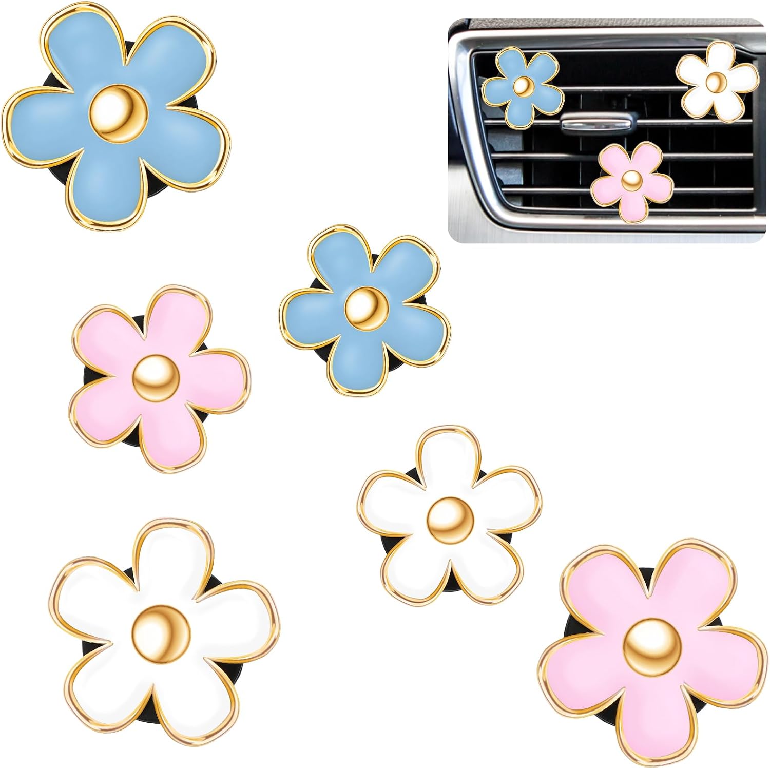 Frienda 6 Pcs Daisy Vent Clips for Car, 3/3.3 cm, Blue, Pink,White