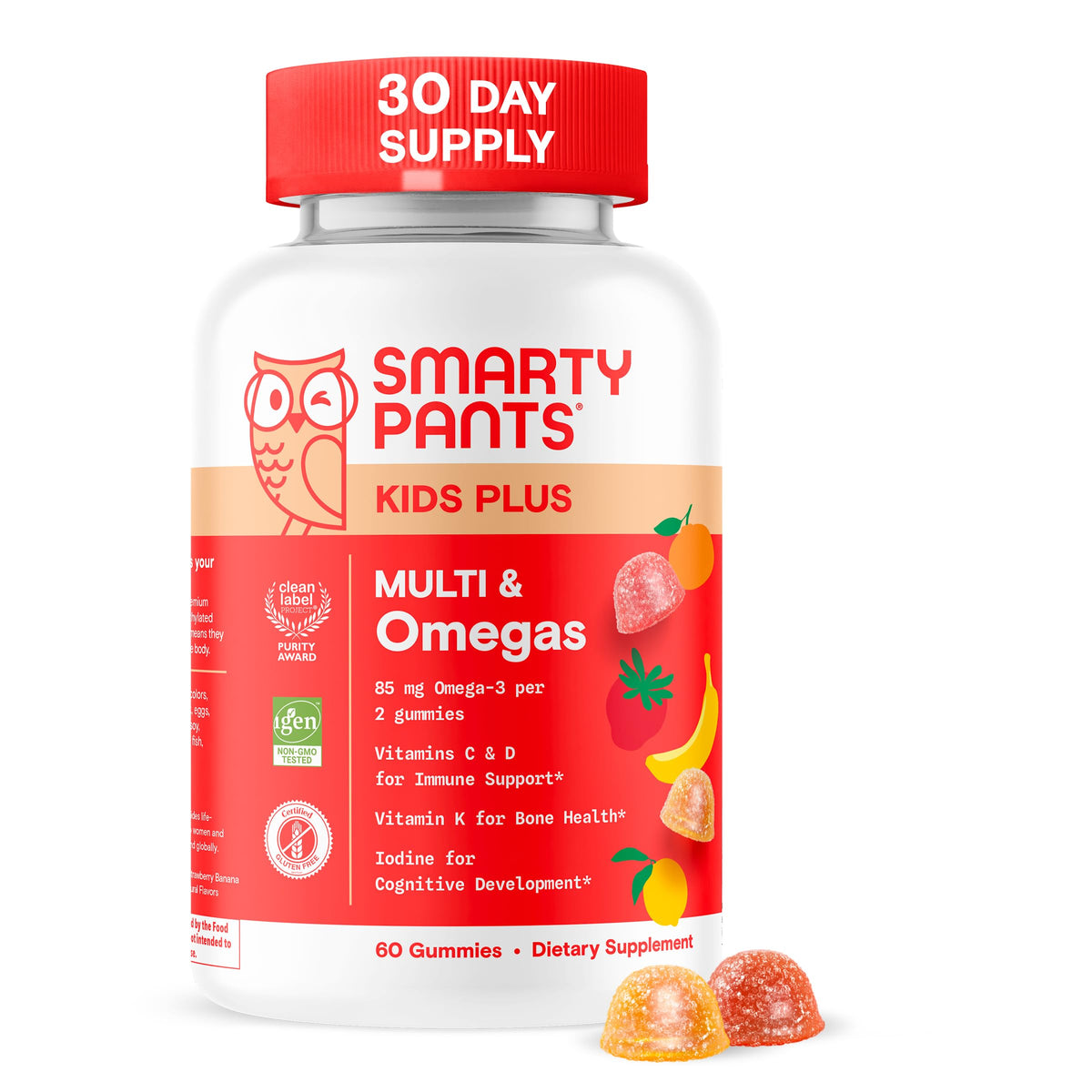 SmartyPants Kids Multivitamin Gummies - Improved Formula: Omega 3 (DHA/EPA), Vitamins D3, C, B12, B6, Vitamin A, K & Zinc, Gluten Free, Three Fruit Flavors, 60 Count (30 Day Supply)