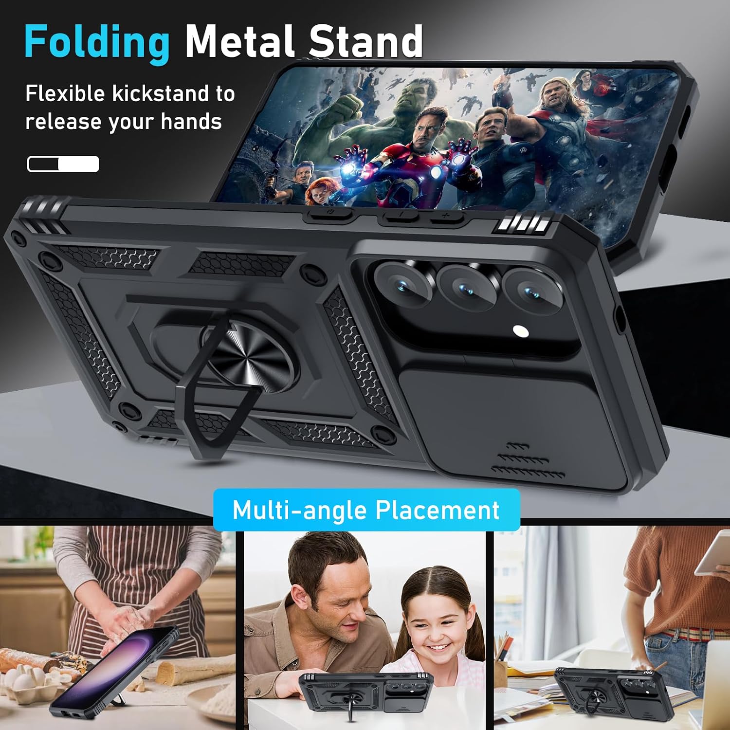 Janmitta for Samsung Galaxy S25 FE Case Built in Slide Camera Cover,Black