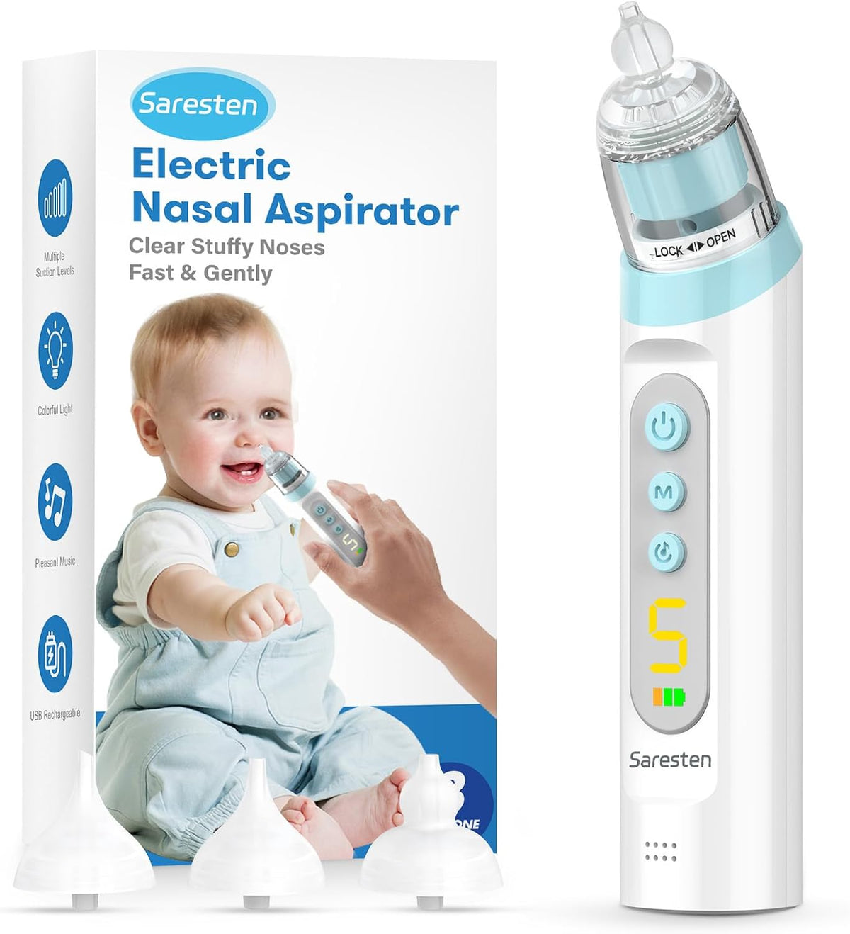 Baby Nasal Aspirator, Rechargeable Nose Sucker with 3 Silicone Tips, Adjustable Suction, Waterproof, Blue