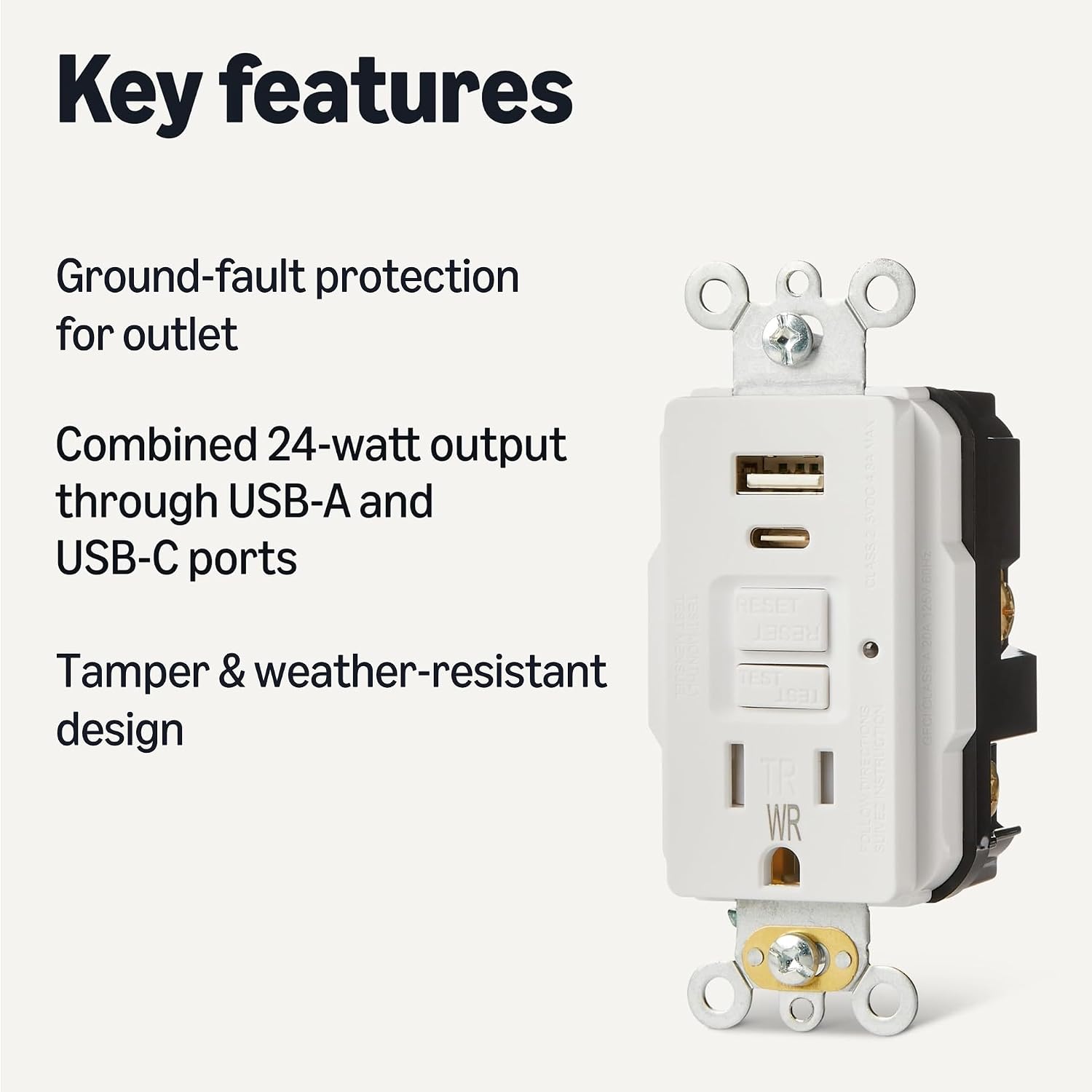 Amazon Basics Weather Resistant GFCI Receptacle with USB-A and USB-C Ports, 15 Amp Self-Test Outlet, Tamper Resistant, White, 1 Pack