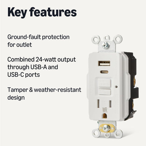 Amazon Basics Weather Resistant GFCI Receptacle with USB-A and USB-C Ports, 15 Amp Self-Test Outlet, Tamper Resistant, White, 1 Pack