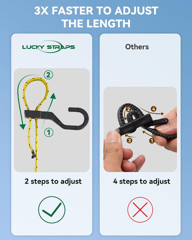 Lucky Straps 4 Pack 3 Way Flat Adjustable Bungee Cords with Hooks