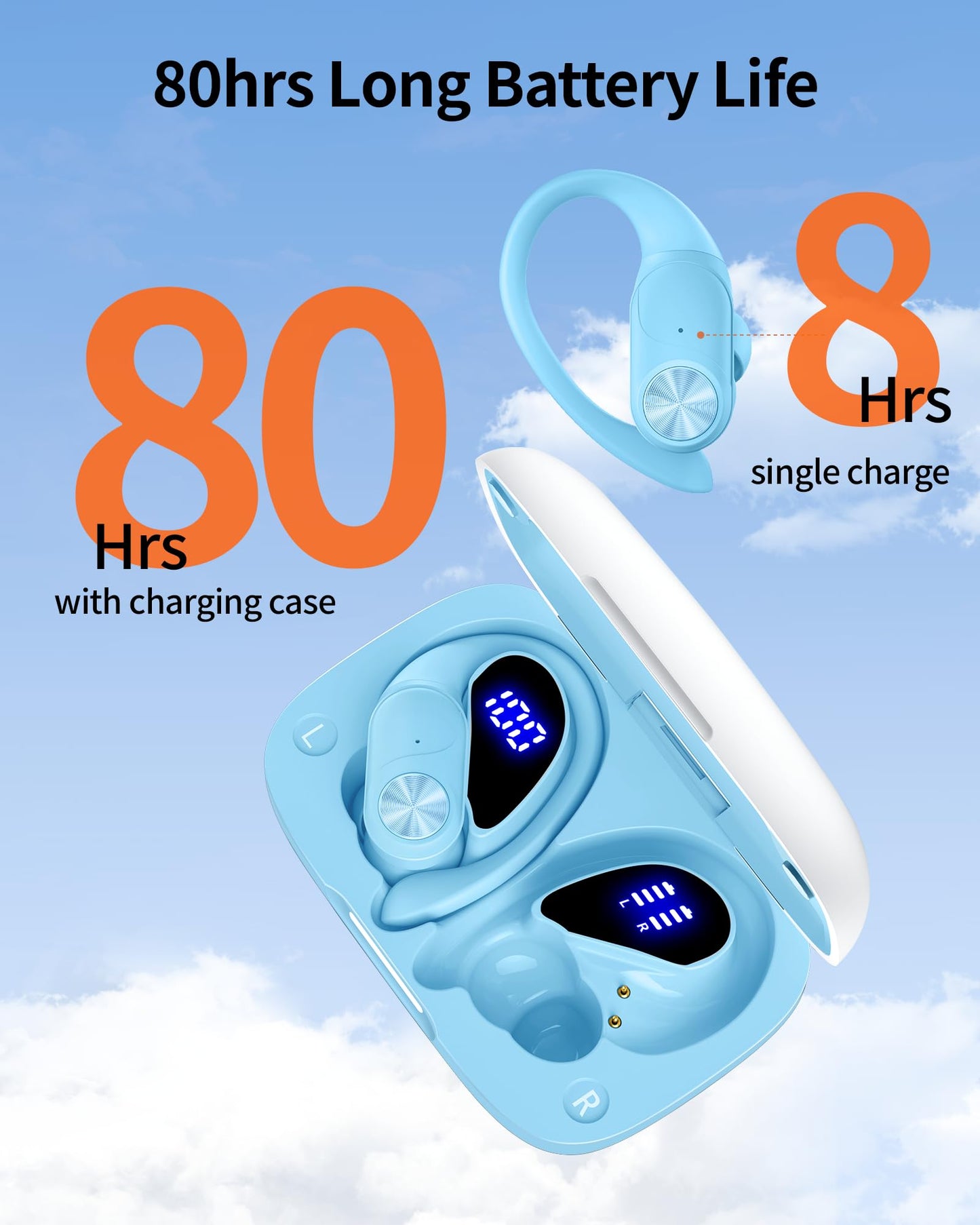 Bluetooth Headphones Wireless Earbuds 80hrs Playtime Wireless Charging Case Digital Display Sports Ear buds with Earhook Premium Deep Bass IPX7 Waterproof Over-Ear Earphones for TV Phone Laptop Blue