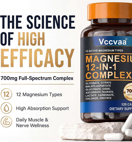 Magnesium Complex 700mg | 12-in-1 High Absorption Supplement | Glycinate, Citrate, Malate, Taurate & More | Sleep Support, Muscle Cramp Relief, Stress, Heart & Nerve Health | 120 Vegan Capsules
