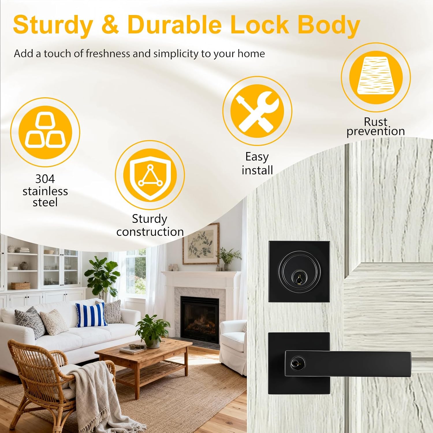 Exterior Door Lock Set with Deadbolt, Keyed Alike Door Handle with Lock, Heavy Duty Matte Black Door Knob and Deadbolt Combo for Front Entry Door, 2 Pack