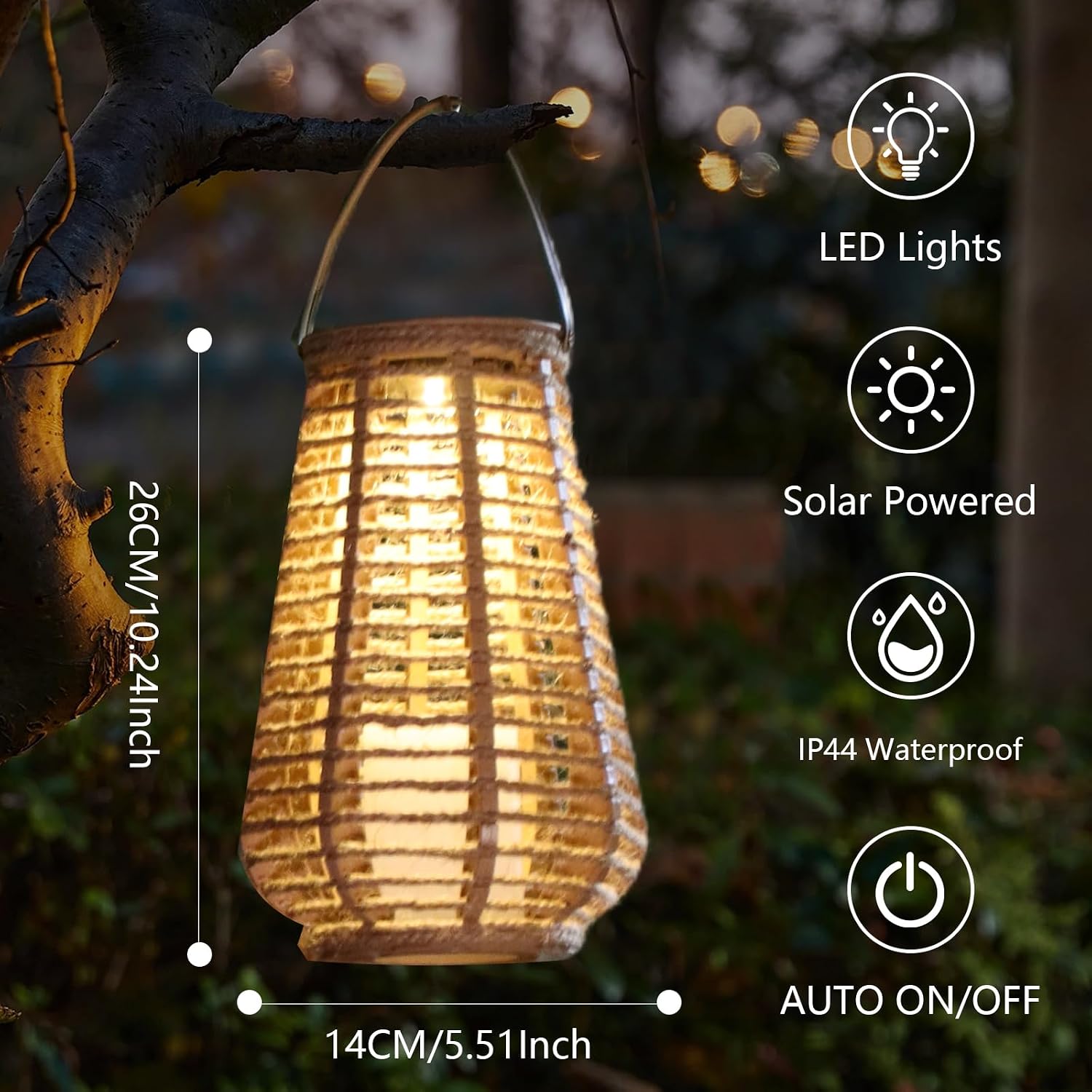 Hanging Solar Lanterns Outdoor Waterproof, Hand-Woven Hemp Rope,10x5.5 Inch