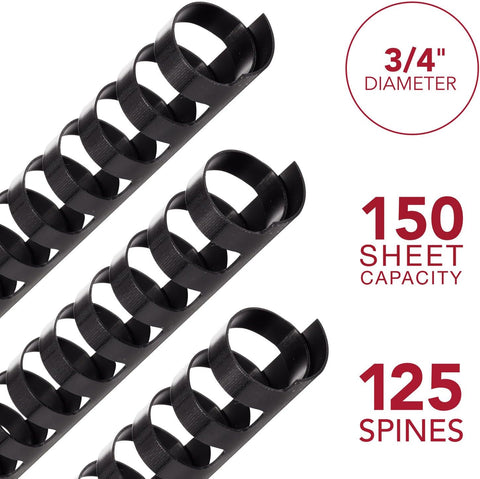 Mead CombBind Binding Spines/Spirals/Coils/Combs, 3/4", 150 Sheet Capacity, Black, 125 Pack (4000136)