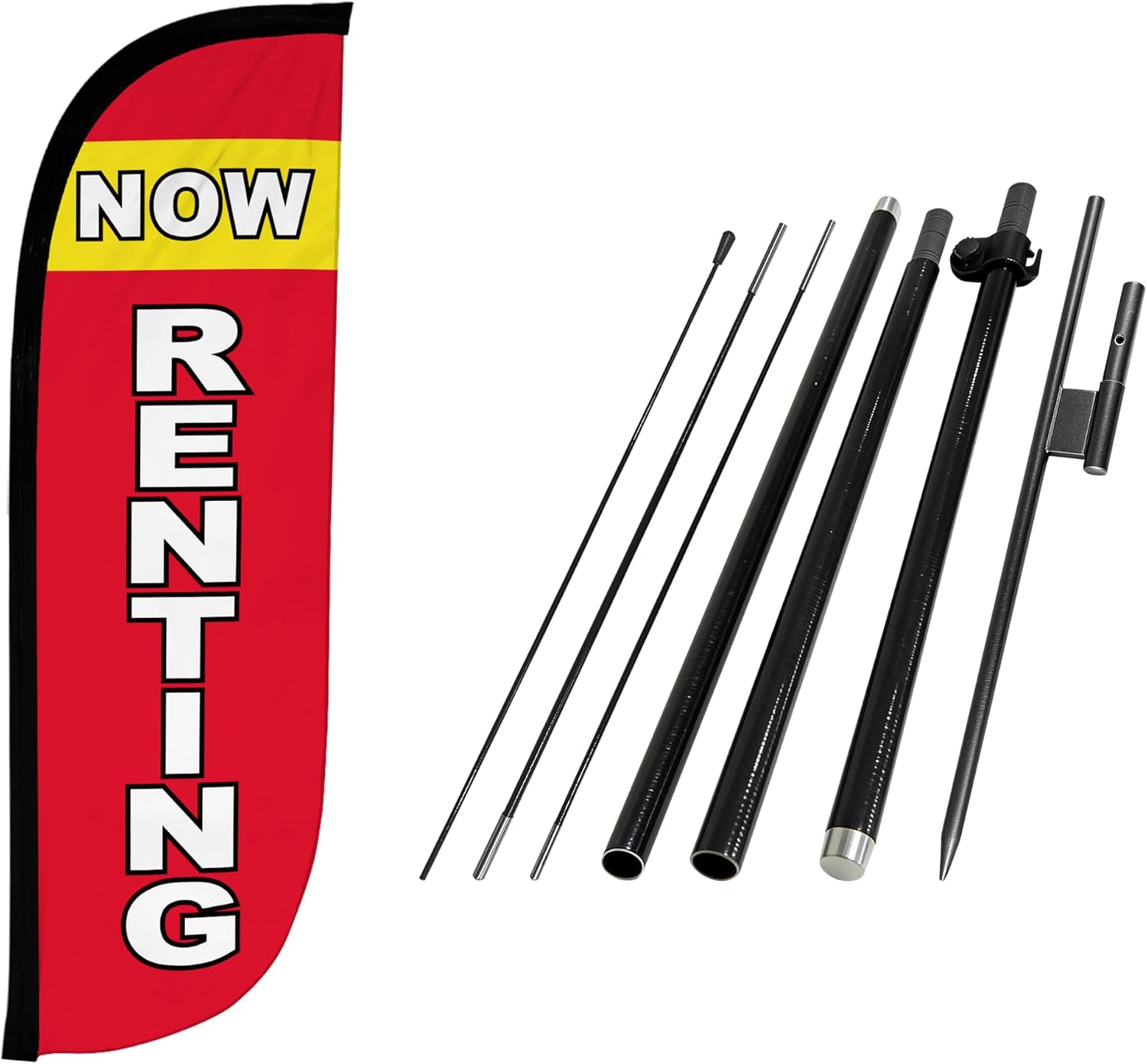 LookOurWay Feather Flag Pole Kit - 7 Feet Tall Advertising Banner with Fiberglass Pole Set and Ground Spike for Business Promotion - Real Estate Flags - Now Renting