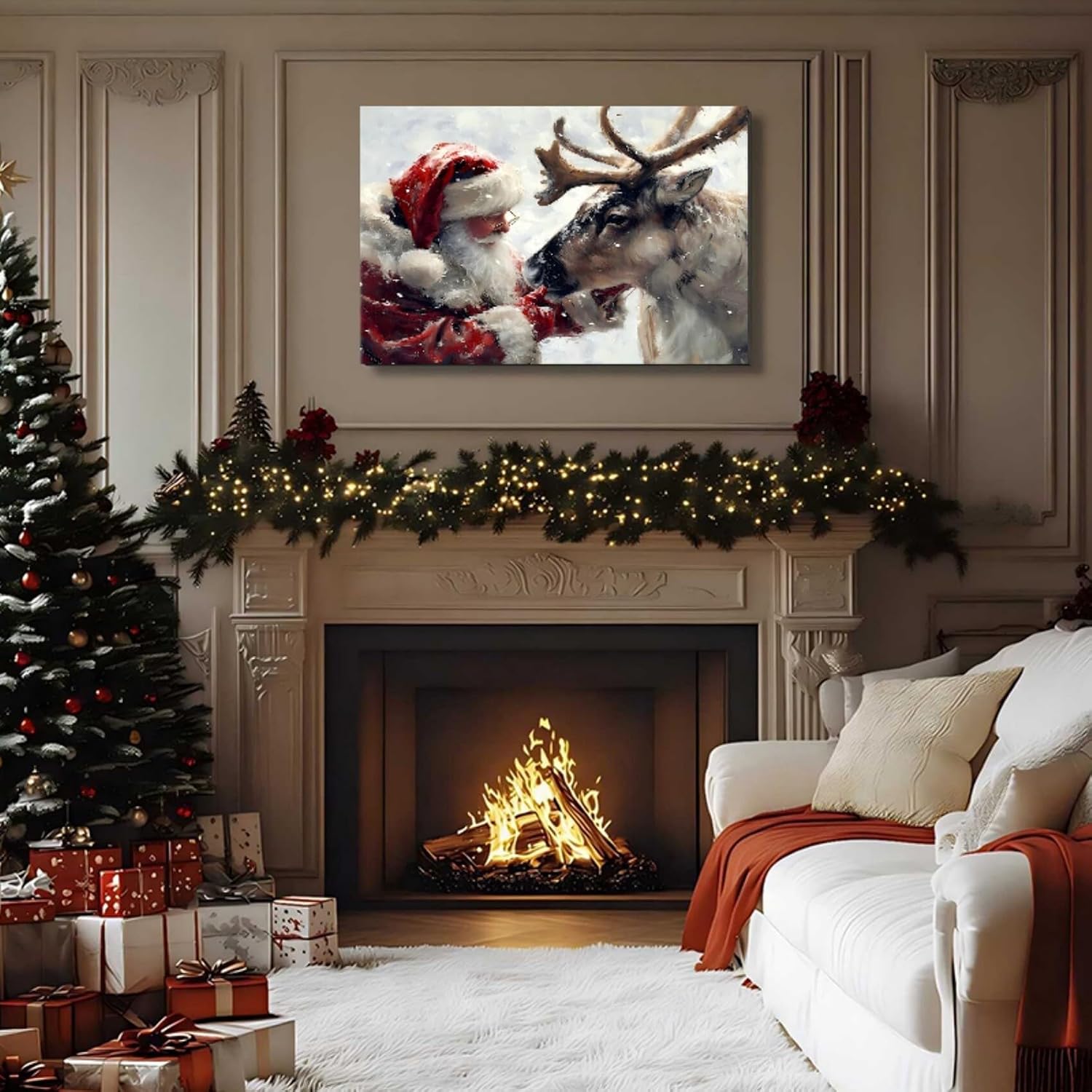 Santa's Reindeer Framed Christmas Canvas Wall Art for Living Room, Winter Pictures Wall Decor Painting Prints for Bedroom, Santa Christmas Art, 24x36 Poster Artwork for Wall Decorations