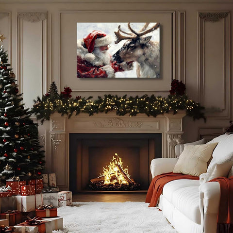Santa's Reindeer Framed Christmas Canvas Wall Art for Living Room, Winter Pictures Wall Decor Painting Prints for Bedroom, Santa Christmas Art, 24x36 Poster Artwork for Wall Decorations