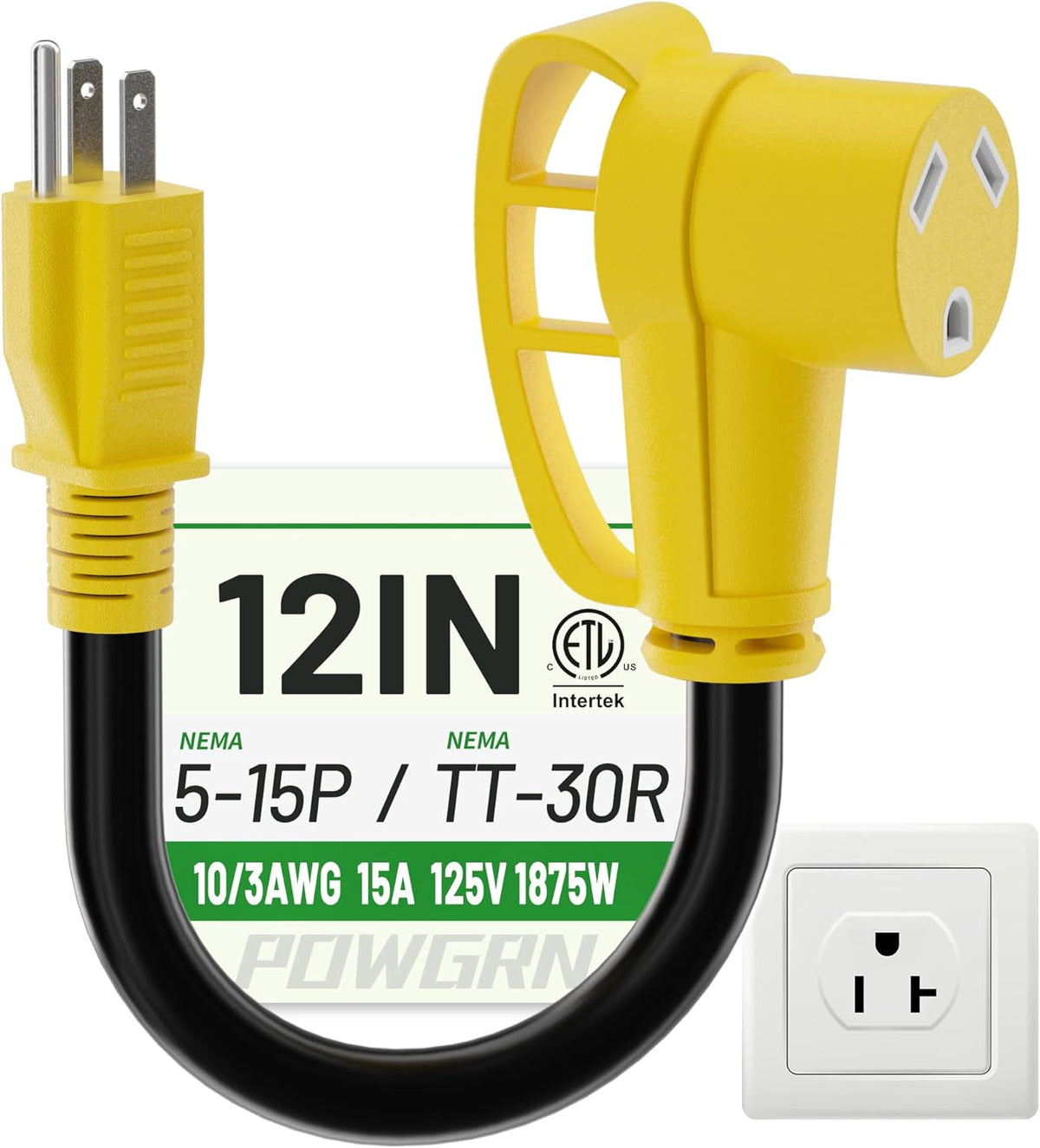 POWGRN RV 30 Amp to 110 Adapter Cord 12 inch Yellow, STW 15A 125V 1875W