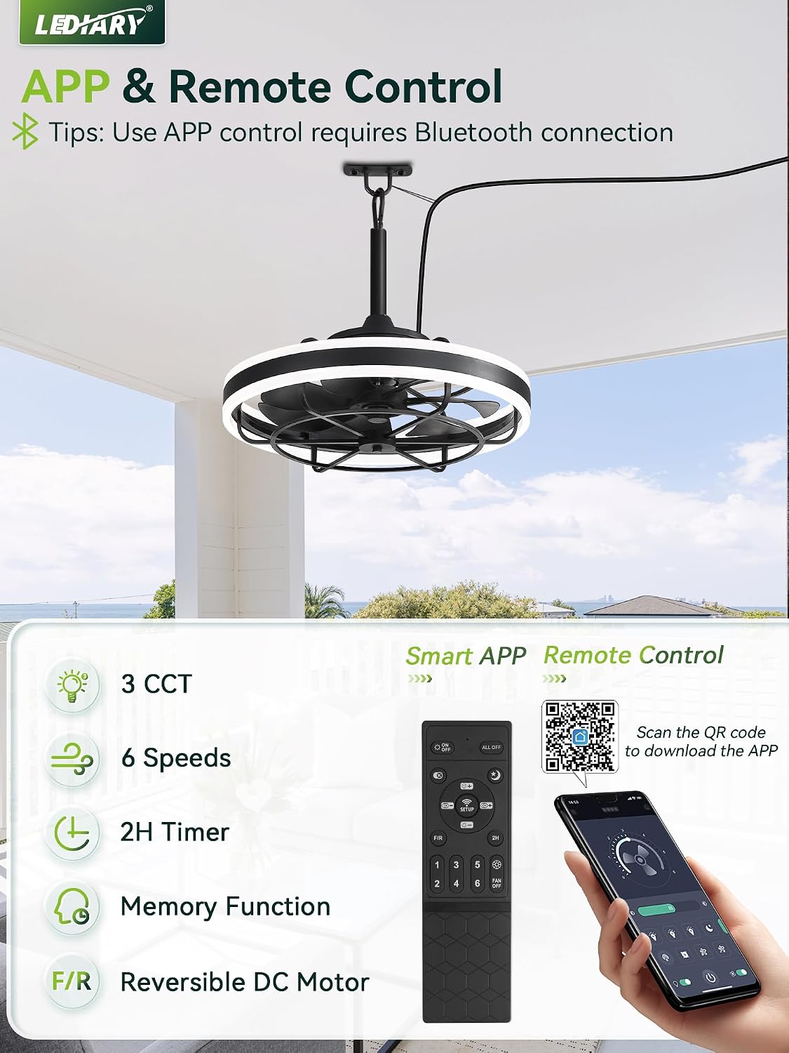 LEDIARY 20" Outdoor Ceiling Fans with Light, IP65 Waterproof Gazebo Fan