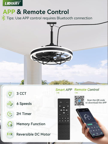 LEDIARY 20" Outdoor Ceiling Fans with Light, IP65 Waterproof Gazebo Fan