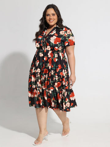 CARCOS Plus Size Dresses for Curvy Women Collared Vneck Short Sleeve Dresses Midi Summer Ruffle Dress with Pocket XL-5XL