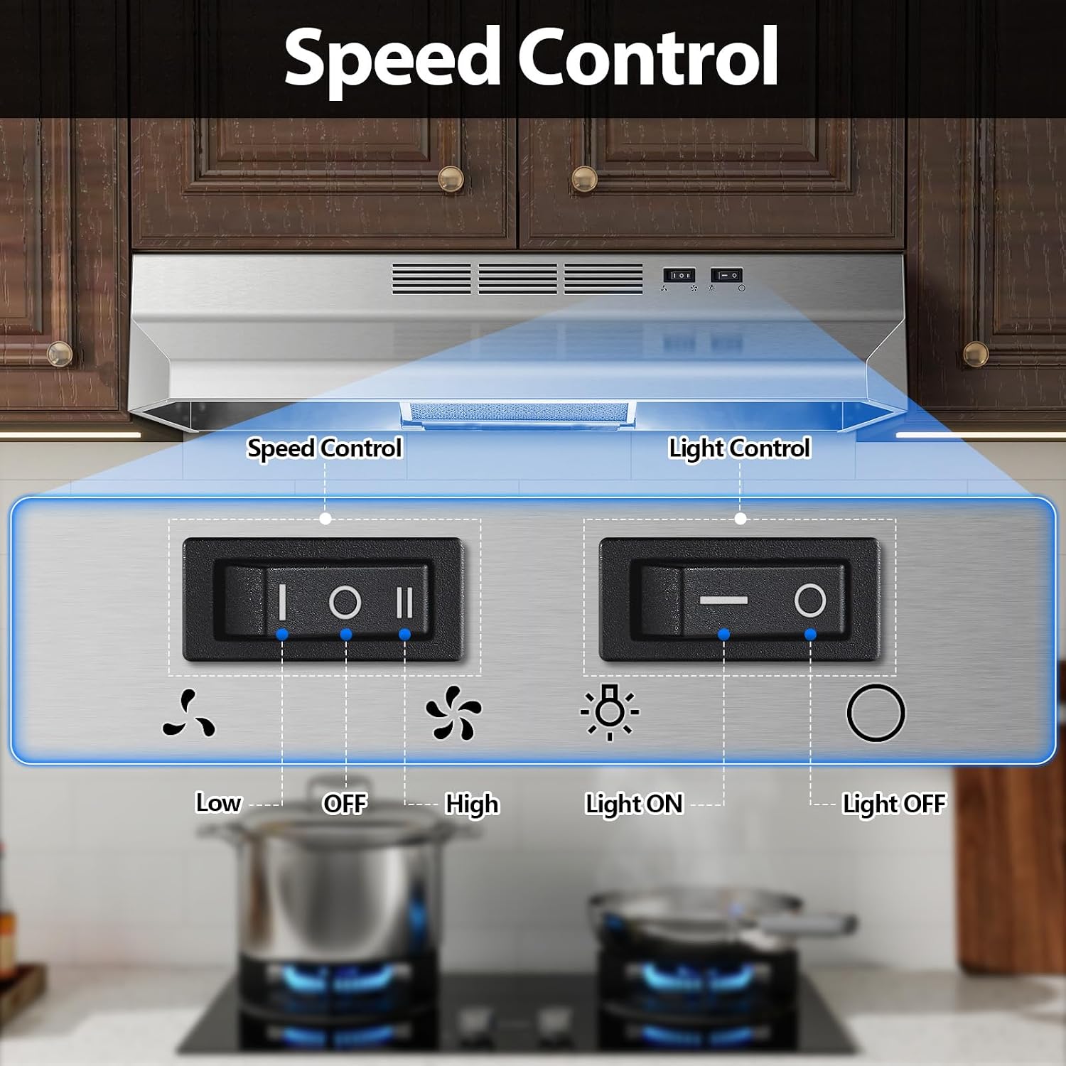 Tieasy 30 inch Range Hood Under Cabinet, 400 CFM Ducted/Ductless Convertible Vent Hood with 2 Speed Exhaust Fan, Rocker Switch Control, Multiple Venting Options, Stainless Steel Kitchen Stove Hood