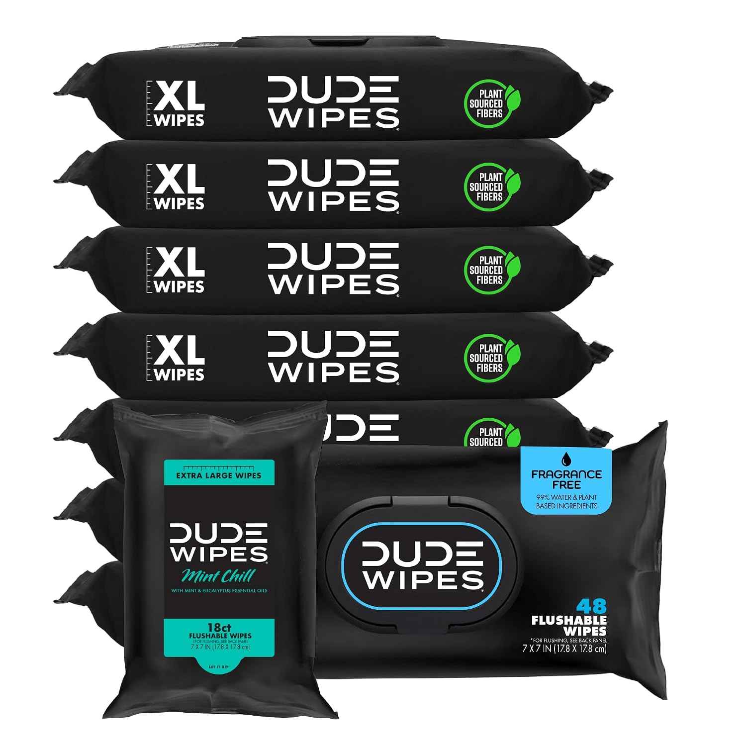 DUDE Wipes Unscented Adult Flushable Wipes and Mint Travel Pack, 402 Count | 8 packs of 48 extra large unscented flushable butt wipes plus 18 mint travel wipes. 99% water, vitamin E, aloe. Septic safe.