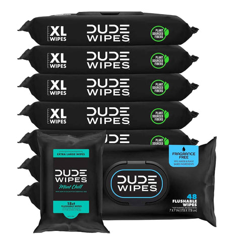 DUDE Wipes Unscented Adult Flushable Wipes and Mint Travel Pack, 402 Count | 8 packs of 48 extra large unscented flushable butt wipes plus 18 mint travel wipes. 99% water, vitamin E, aloe. Septic safe.