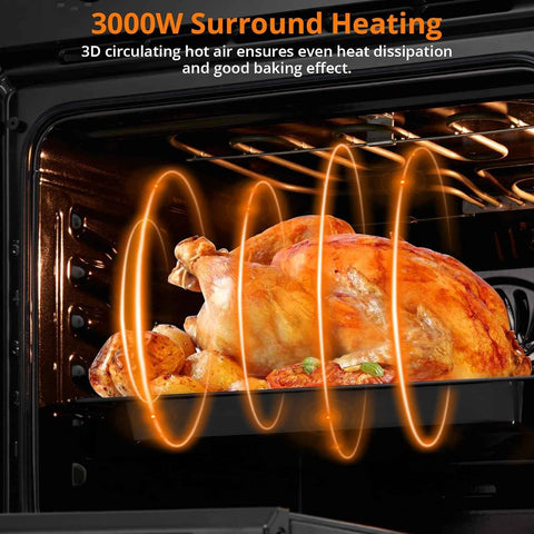 24" Electric Single Wall Oven - Food-grade Enamel Cavity, 8 Cooking Functions, 3000W 3D Convection Heat, 2.3 Cu.Ft Stainless Steel with Stepless Temp Control & Touch Control (Black)