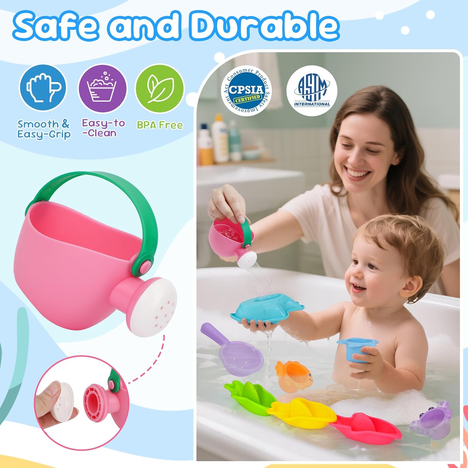Fajiabao Toddler Bath Toys for Kids Ages 1-3 Stack, Scoop & Pour Set 9PCS