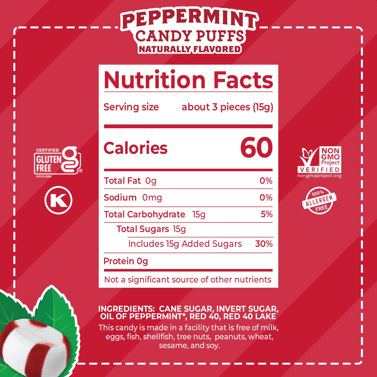 Red Bird Soft Peppermint Puffs Bulk Case, 20 lb Individually Wrapped Mints in Clear Wrapper (Red Stripes Visible), Soft Candy for Offices, Receptions, Restaurants, Made in USA Since 1890