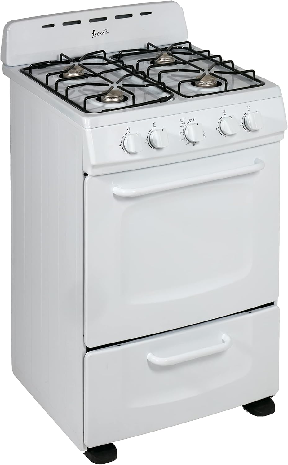 Avanti Gas Range Oven, Compact Freestanding Design, 2.6-Cu.Ft. Capacity 4 Sealed Burners with Electronic Ignition, Includes Broiler Storage Drawer and Accessories, 24-Inch, White