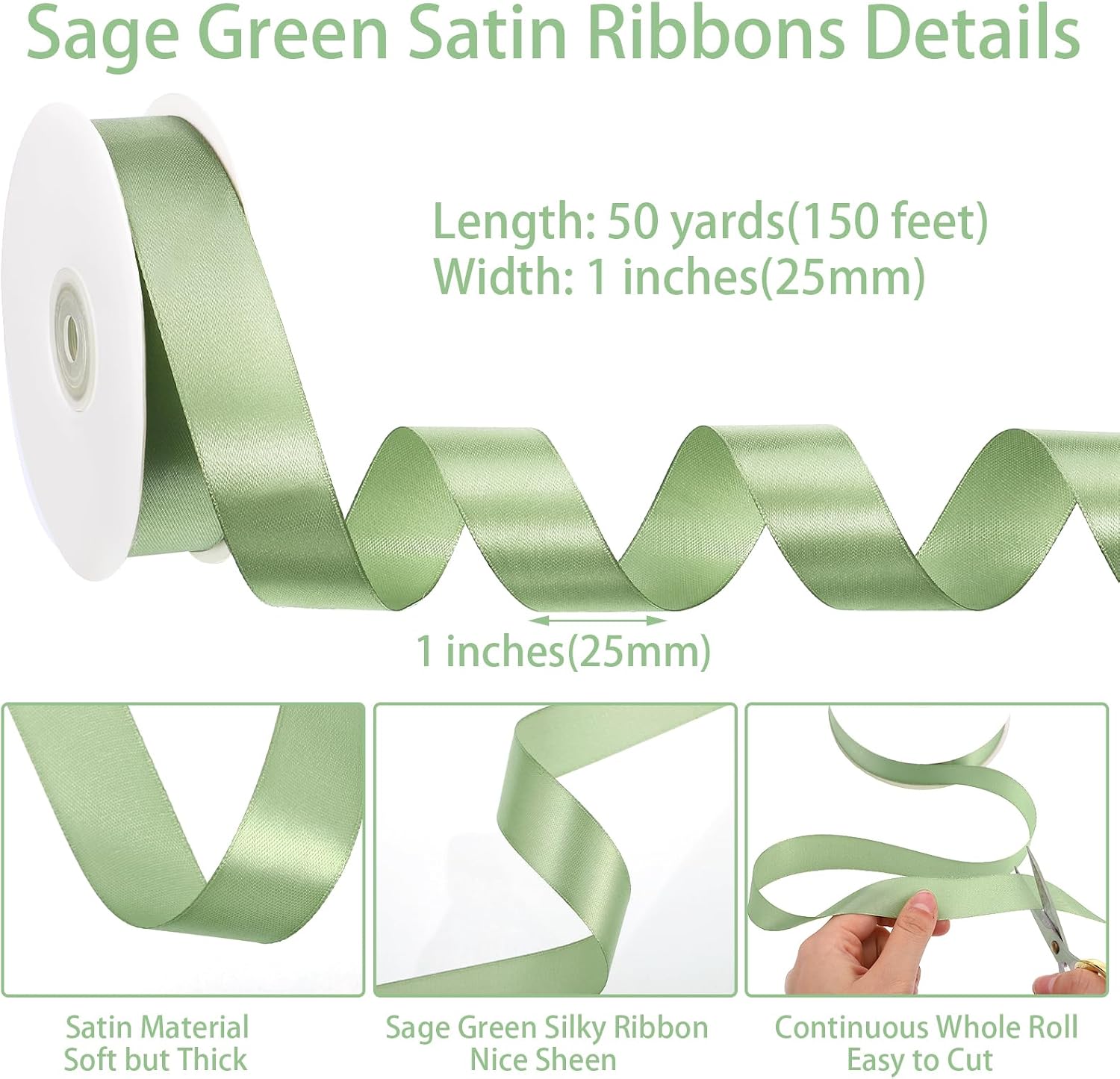 woric Sage Green Satin Ribbon 1 Inch x 50 Yards Light Green Ribbon