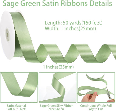 woric Sage Green Satin Ribbon 1 Inch x 50 Yards Light Green Ribbon