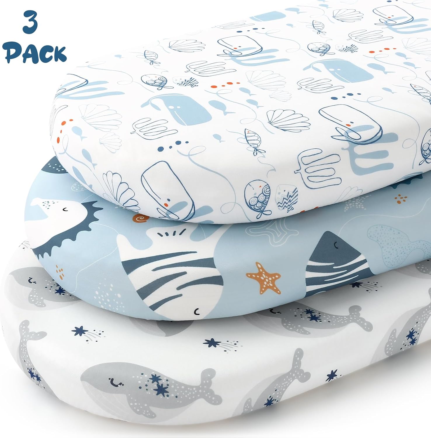 Yoofoss 3-Pack Bassinet Sheets for Boys Girls Universal Fit (Blue+Whale)