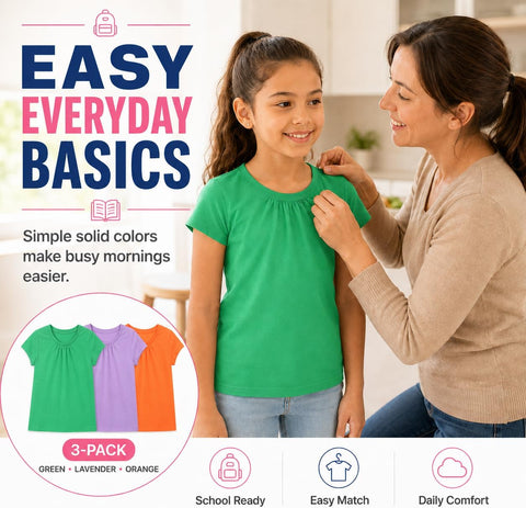 Bienzoe Plain Solid Girls T-Shirts: School Basic Tee 3-Pack