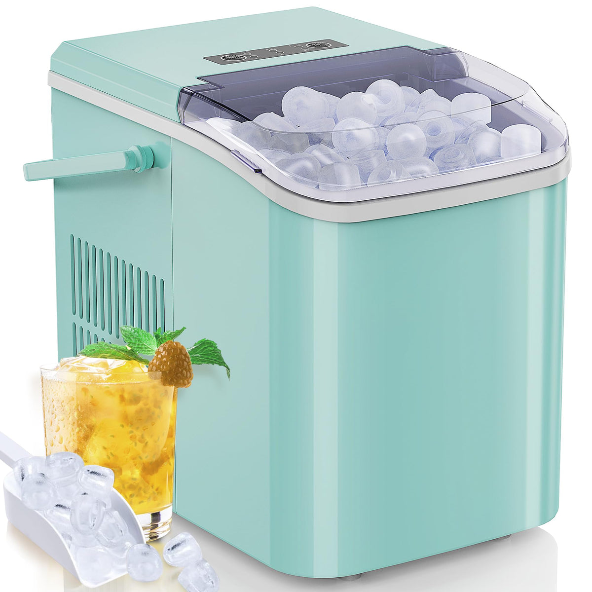 SMUG Countertop Ice Maker, 9 Cubes in 6 Mins, 26lbs in 24Hrs, 2 Sizes of Bullet Ice, Auto-Cleaning, Portable Ice Machine with Handle, Basket and Scoop for Home Kitchen, Party and Camping (Green)