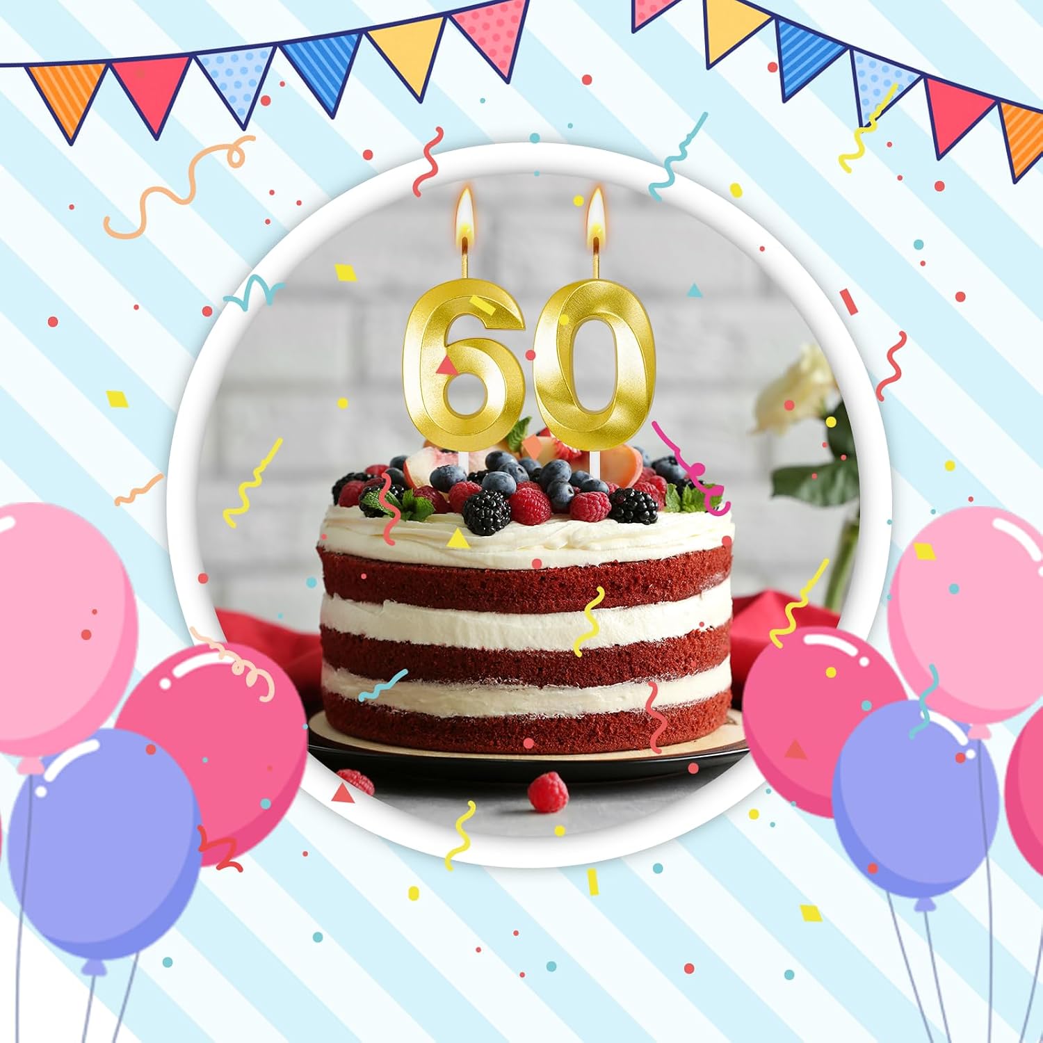 60th Birthday Decorations for Women and Men, Gold Number 60 Candle
