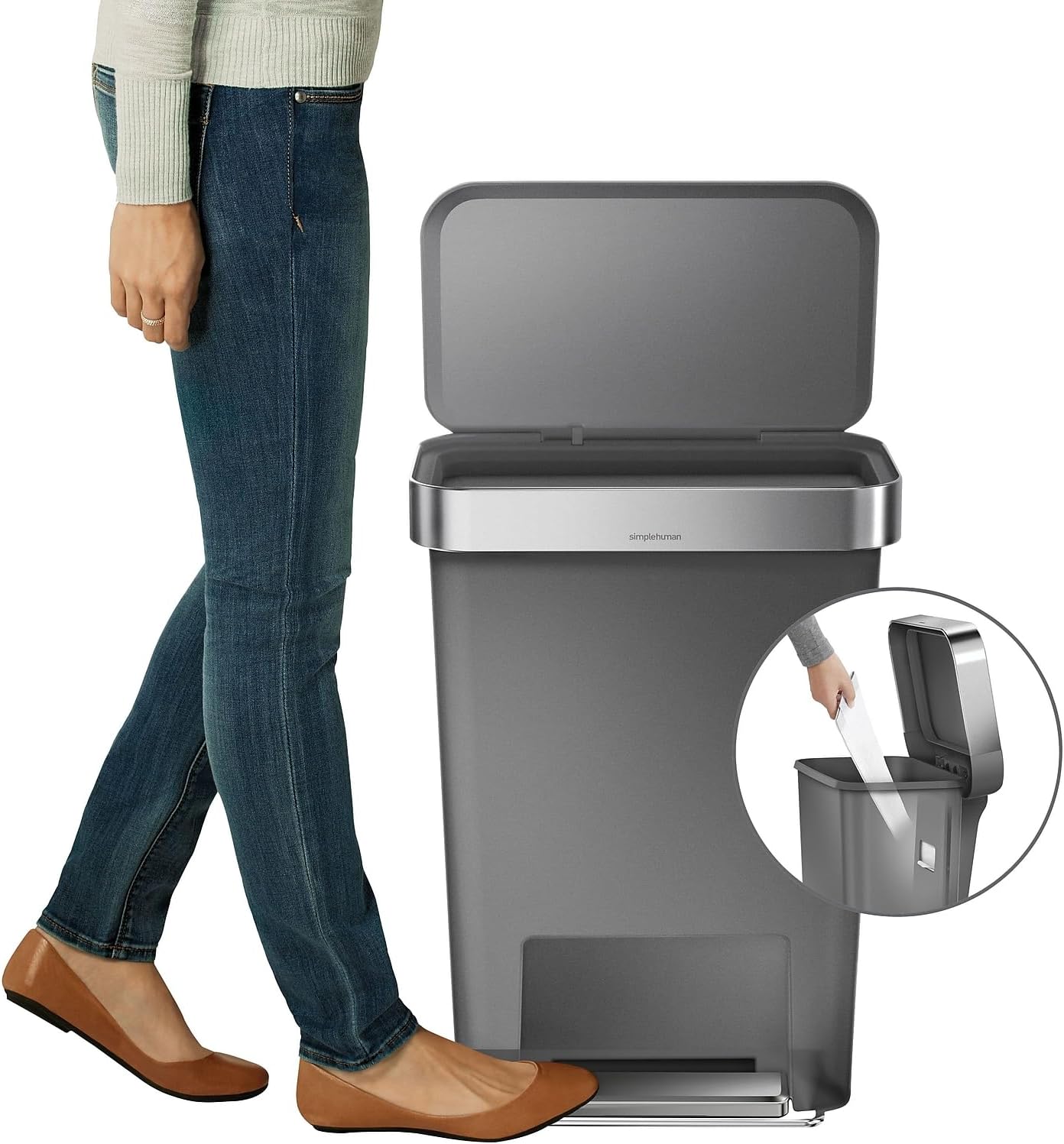 simplehuman 45 Liter / 12 Gallon Rectangular Kitchen Step Trash Can with Soft-Close Lid, Grey Plastic