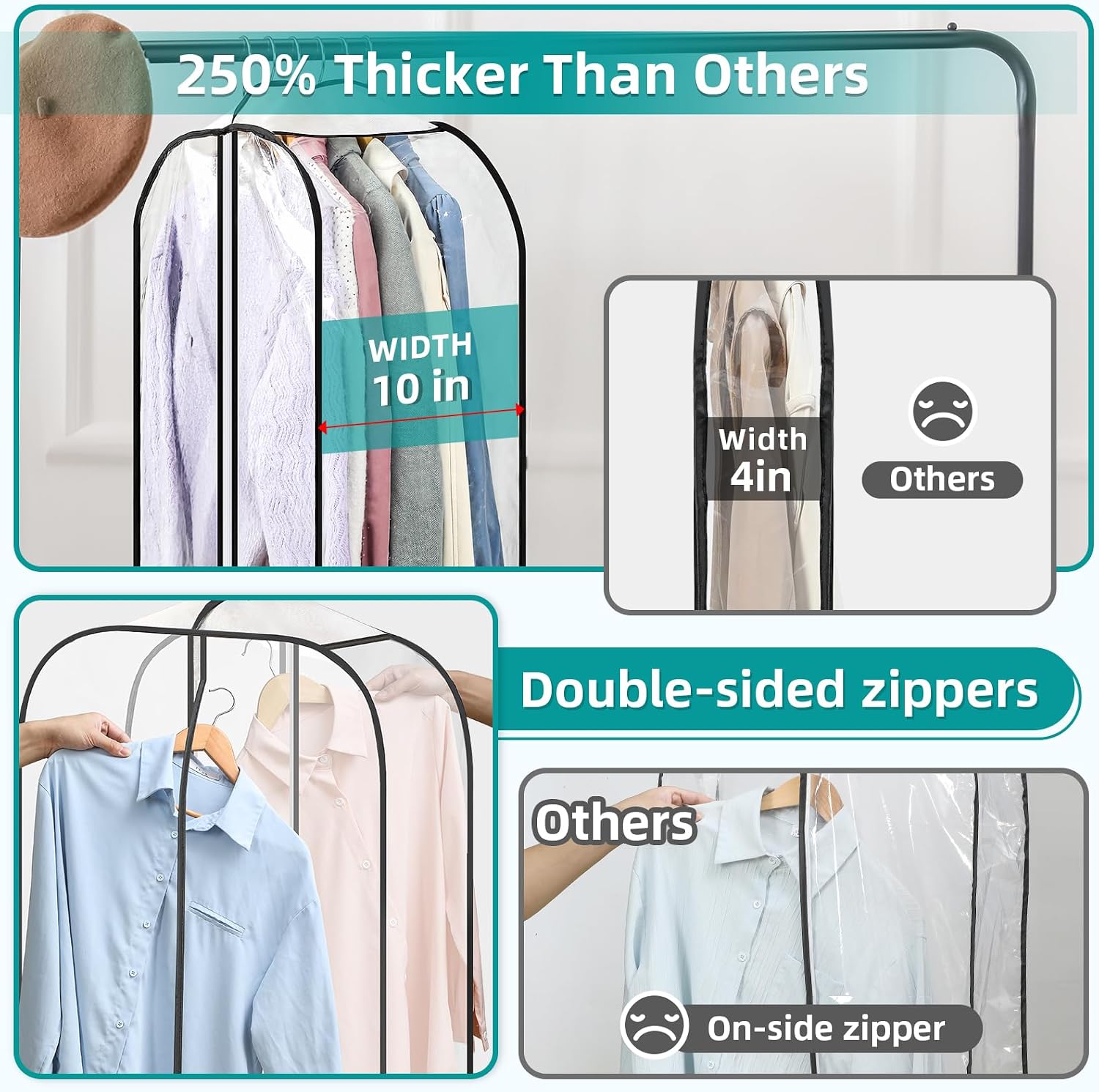 LANDNEOO 6 Pack Clear Garment Bags for Hanging Clothes with Zippers on Double Sides - 10'' Clothes Storage for Coat, Dress, and Fur in Closet - 60'' Long Suit Bags