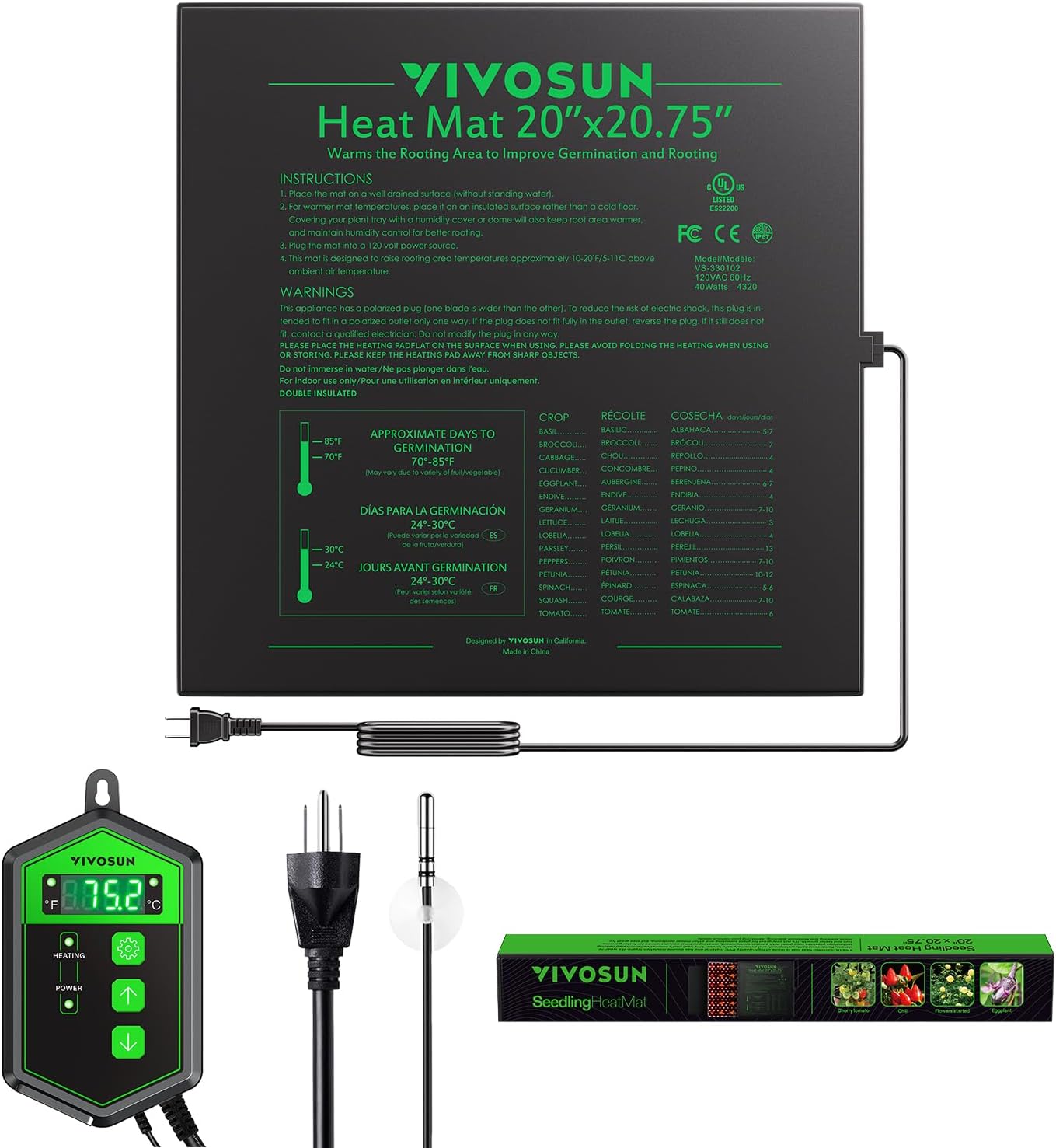 VIVOSUN 20" x 20.75" Seedling Heat Mat and Digital Thermostat Combo Set
