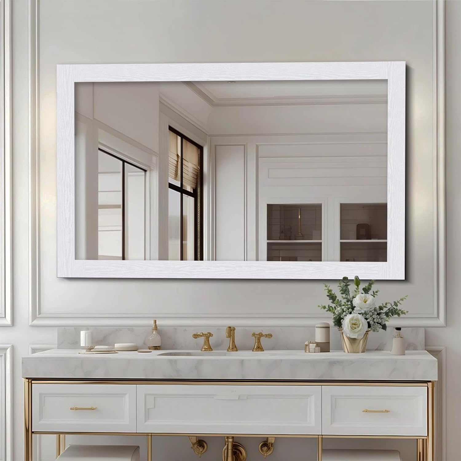 Alened 10M White Mirror Border Peel and Stick, Wood Grain Wallpaper Border