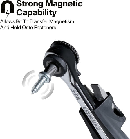 Klein Tools 65200MAG Slim-Profile Magnetic Mini Ratchet, 90-Tooth Ratchet Screwdriver Set with 1/4-Inch Nut Driver, 4 Bit Storage, Includes Phillips, Slotted, Square, and Nut Driver Adapter