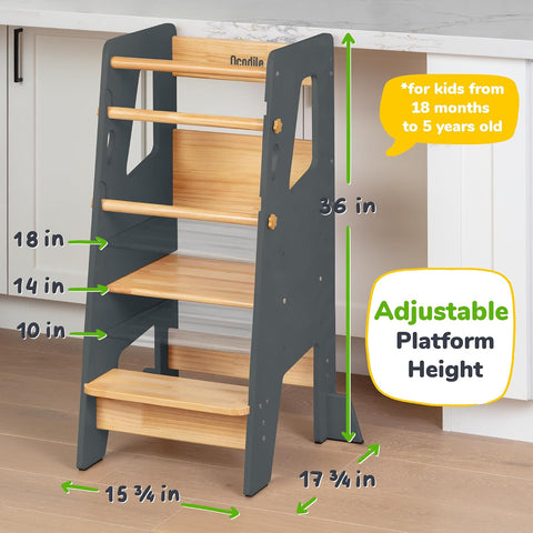 Toddler Standing Tower with 3 Safety Bars - Kitchen Stool Helper - Gray