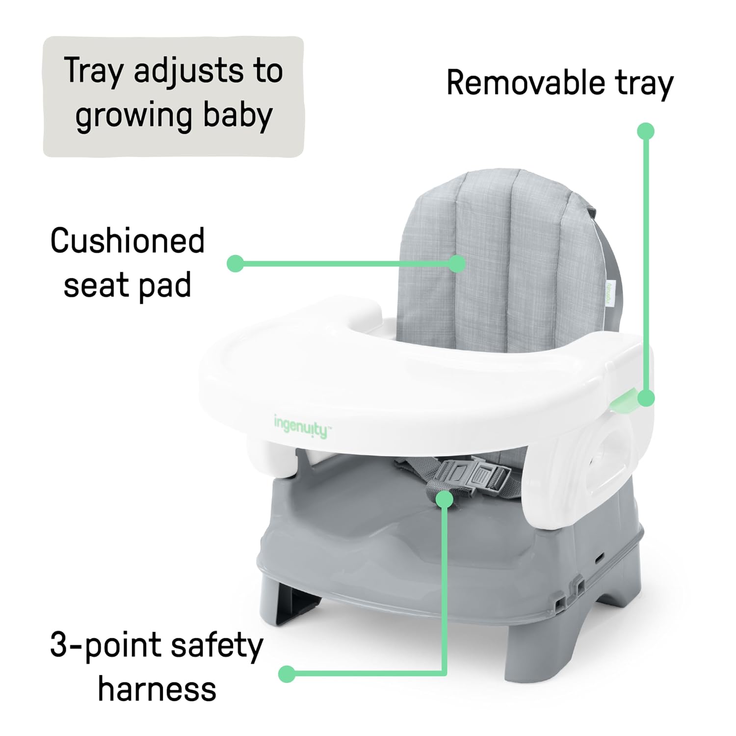 Ingenuity Deluxe Comfort Booster Seat for Kitchen Chair, Compact Fold, Portable, Lightweight, Toddler Booster Seat for Dining Table, from 6 Months to 3 Years – Grey
