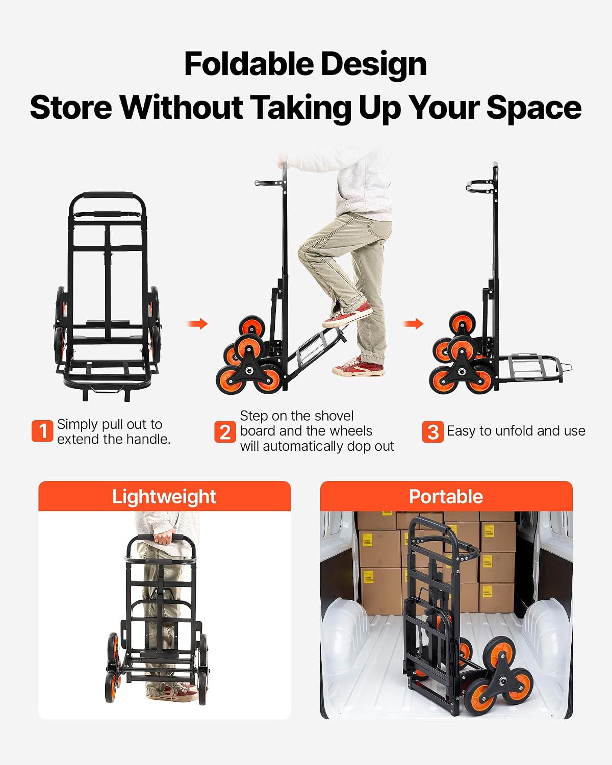 VEVOR Stair Climbing Dolly 460 lbs, Heavy-Duty Folding Trolley Cart for Stairs with Telescoping Handle, 6 Wheels & 2 Ropes, Stair Climber Dolly for Home, Groceries, Warehouse