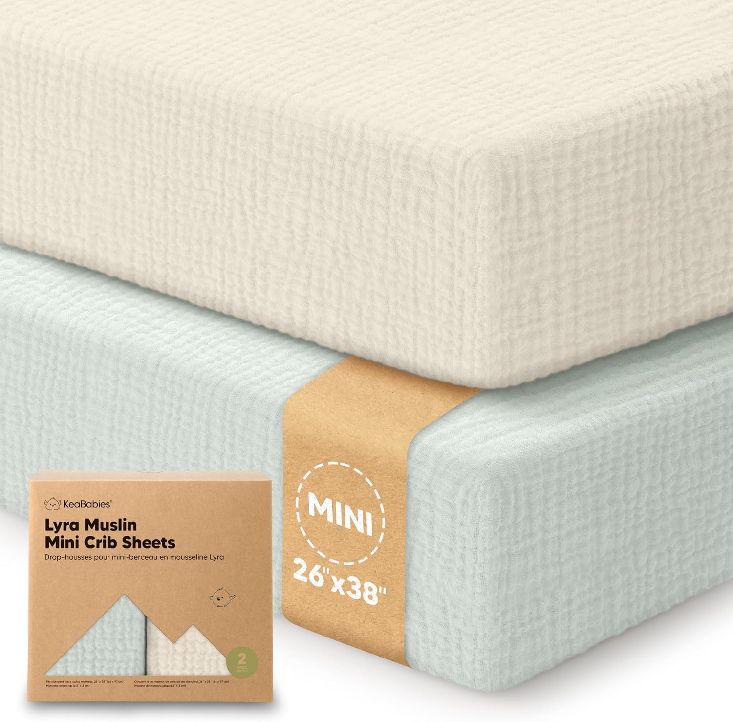 2pk Muslin Mini Crib Sheets for Boys, Girls, 38x26 Fitted Sheet (Willow)