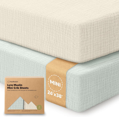 2pk Muslin Mini Crib Sheets for Boys, Girls, 38x26 Fitted Sheet (Willow)