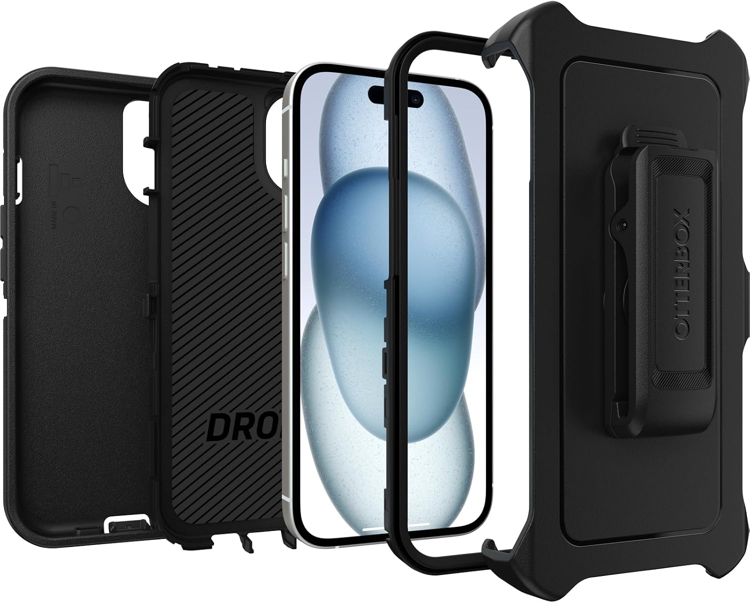 OtterBox iPhone 15, iPhone 14, and iPhone 13 Defender Series Case - BLACK, screenless, rugged & durable, with port protection, includes holster clip kickstand (ships in polybag)